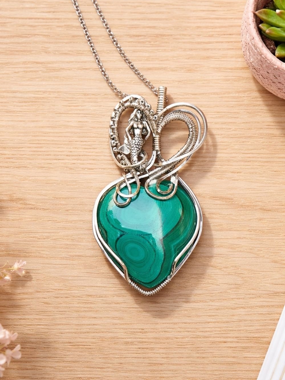 Sterling Silver Mermaid Malachite Heart Pendant Necklace - Green
